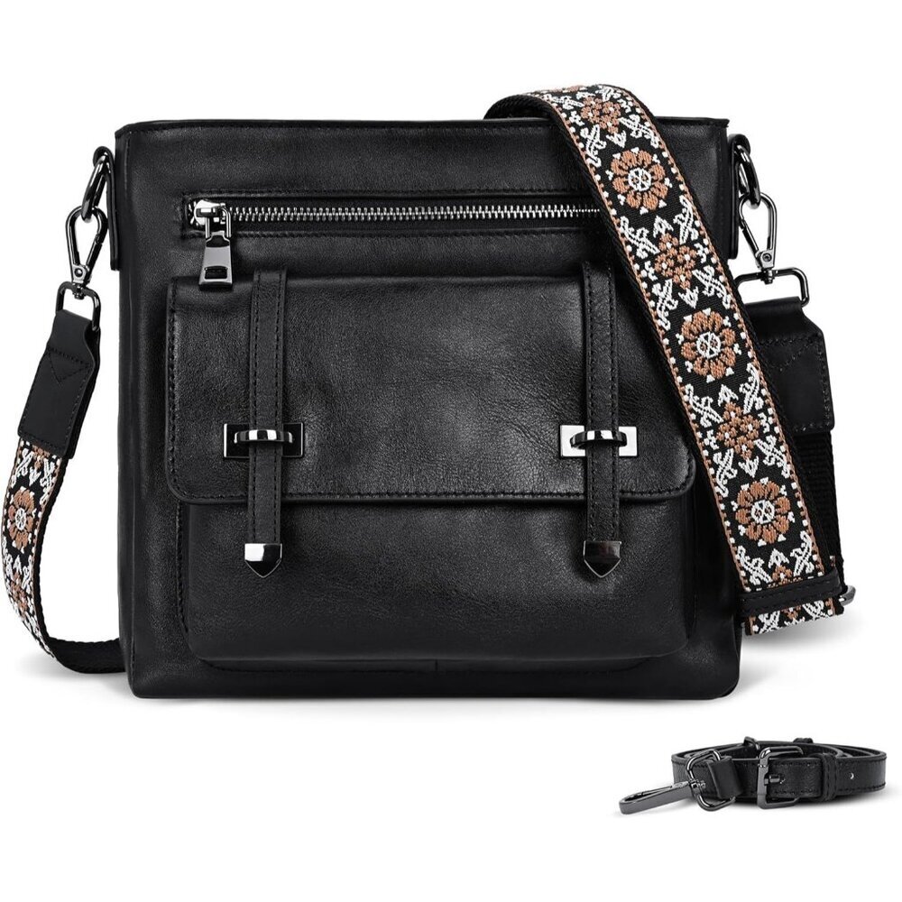 Women Black Genuine leather Imported Zipper Purse Adjustable Strap Crossbody Bag